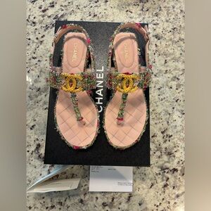 Chanel Women's tweed Sandals - Pink/Green with Gold double CC’s!!